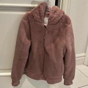 Athleta girl pink soft fur jacket with hood